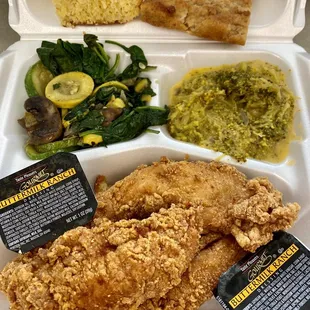 Chicken Strips Lunch Special, includes bread, dessert, and two sides!