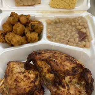 Plate Lunch with Baked Chicken, Fried Okra, and White Beans.