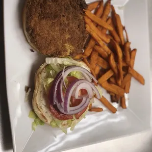 a burger and fries