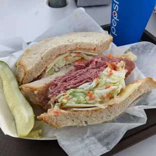 I love this corned beef sandwich with slaw on thick-sliced bread. So filling, it was enough for two.
