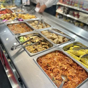 a buffet with many different foods