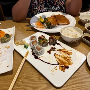 Shrimp Vegetable Tempura Vegetable Gyoza spicy tuna roll cowboy roll and chicken katsu.