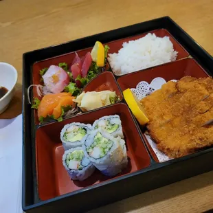 Bento Box: Pork Tonkatsu, California Roll, 5 pieces of sashimi