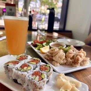 Crispy Calamari and Seattle Roll with local Maritime hazy pale ale