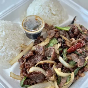 Mongolian Beef. Pretty good and wished it was topped off with crunchy fried noodles.