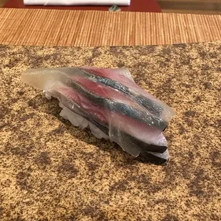 Saba (seasonal): Japanese fresh Mackerel covered in slice of Kelp