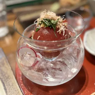 Ripe (whole) Momotaro Tomato Ohitashi (seasonal)
-full ripe Japanese Momotaro Tomato marinated in soy &amp; dashi