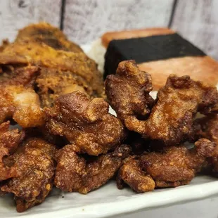 mochicko chicken, fried chicken, and Spam Musubi