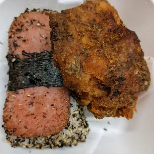 Fried chicken, furikake Spam musubi