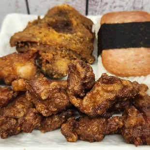 mochicko chicken, fried chicken, and Spam Musubi