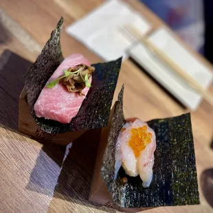 Toro mushroom and Botan Ebi Ikura Handrolls