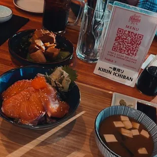 Salmon Bowl, kakuni, miso soup.