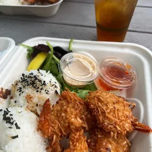 a tray of food and drinks