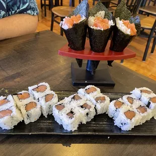 Salmon rolls and salmon hand rolls!