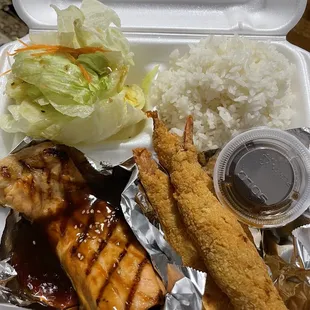 Dinner Bento to go w/ salmon teriyaki, prawn ketsu, sashimi (in next photo), salad, rice, and miso soup (not pictured). 10/2021