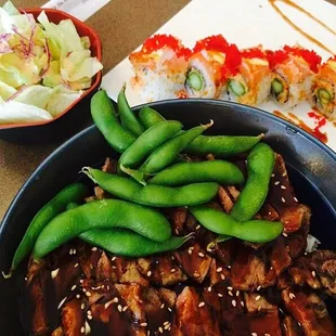 Beef teriyaki don &amp; crazy monkey rolls