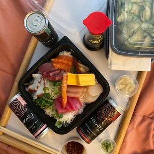 Bed picnic with Chirashi, Sunamono, and delicious wine too