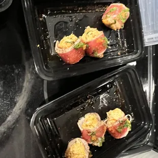 Yum!  But the plastic - eekk. And one order of 6 pieces split to 2 containers... why?  So wasteful