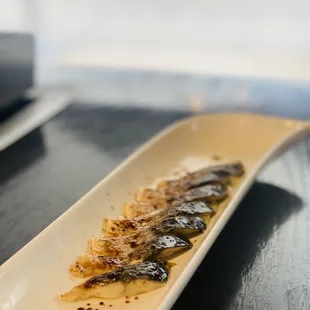 a long rectangular plate with a piece of fish on it
