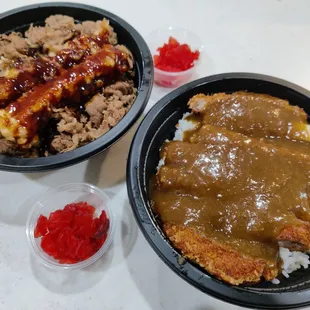 Shrimp tempura bowl with beef and Chicken Katsu Curry... Each bowl comes with a container of ginger or fukujinzuke (pickled veggies)