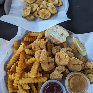 Fried shrimp poster with fries and bread. We also got fried pickles!