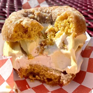 Glazed cider mill donut sandwich, filled with pumpkin &amp; cinnamon twist soft serve!!! Damn!