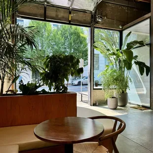 Inside café, view or garage door