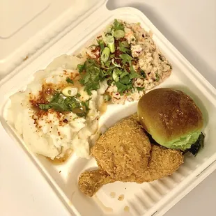Vietnamese Fried Chicken: Leg and thigh, coconut mashers, thai chili coleslaw, and pandan bun