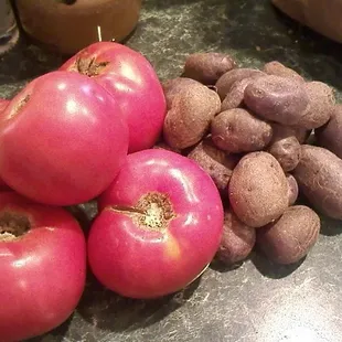 Eva tomatoes and blue potatoes from 7/24 OB Farmer's Market visit.