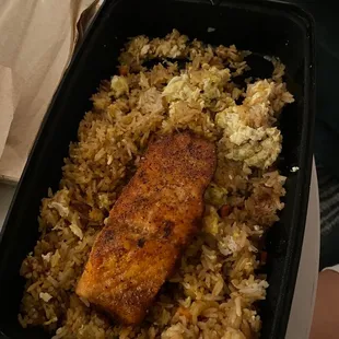 Egg Fried Rice with Honey Ginger Salmon