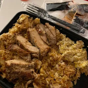 Egg Fried Rice with Jerk Chicken, tasted great