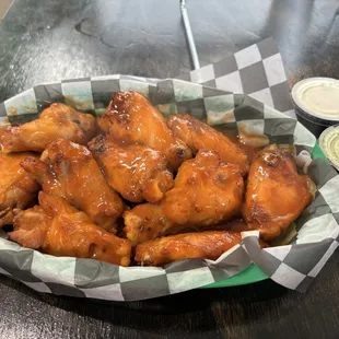 Hot wings. They have many flavors but I got medium buffalo flavor. Meaty! Will buy again.