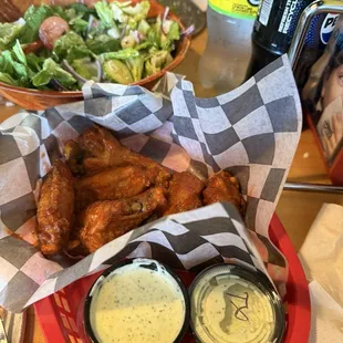 Greek salad, buffalo wings