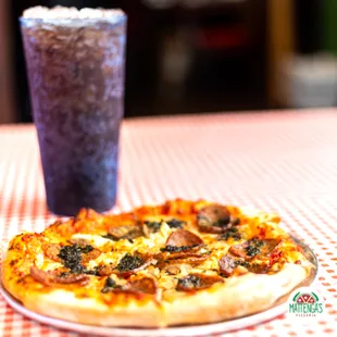 a pizza and a drink