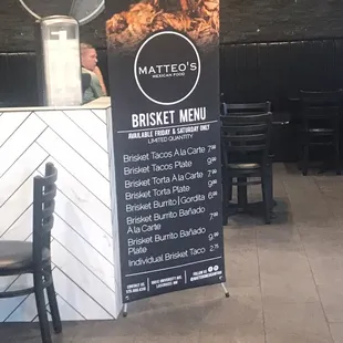 Brisket menu. They serve brisket Friday and Saturday