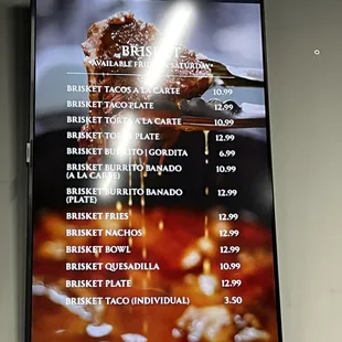 Brisket Menu *Fridays and Saturdays Only*