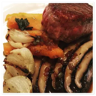 Main Course...Grand Finale - Filet with Roasted Squash, caramelized pearl onions, grilled portabellos