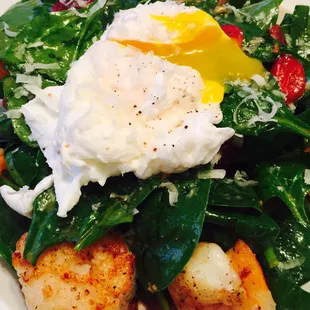 Spinach w pan seared scallops, shrimp topped with a soft poached egg garnished w fresh Parmesan cheese