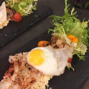 Chilled Shrimp Salad with white corn purée topped with sunny side up quail egg