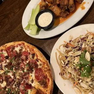 Matteo's pizza, Chinese noodle salad and buffalo wings.