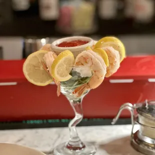 a glass of shrimp cocktail