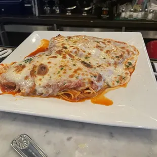 Chicken Parm over pasta, enough for two adults