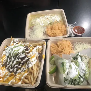 Green Hatch Enchiladas Plate  Carne Asada Fries Brisket Taco Plate