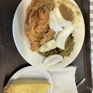 Fried chicken, green beans, mashed potatoes, gravy &amp; custard pie