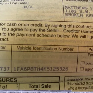 Mustang VIN from my purchase contract from Matthews Ford for the Mustang!