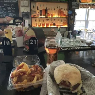 a sandwich and a beer