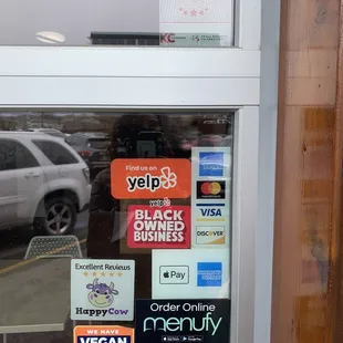 a window with stickers on it