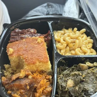 Macaroni Greens Meatloaf  Corn Bread Yams