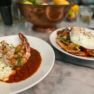 Shrimp and grits and chilaquiles