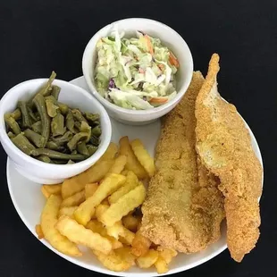Friday Fish Fry plate for $9 - dessert and drink comes with (photo taken by owner). A variety of sides to choose your two.